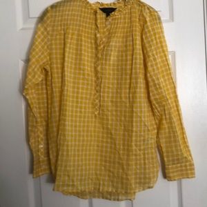 J Crew gingham shirt on yellow and white